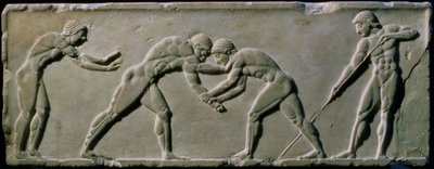 Young men wrestling, from a statue base found in the Dipylon Cemetery, Athens by Greek